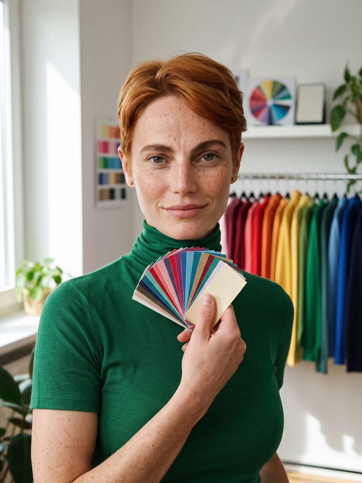 Wren Ellis, a red-haired woman in an emerald turtleneck, holding a fan of fabric color swatches